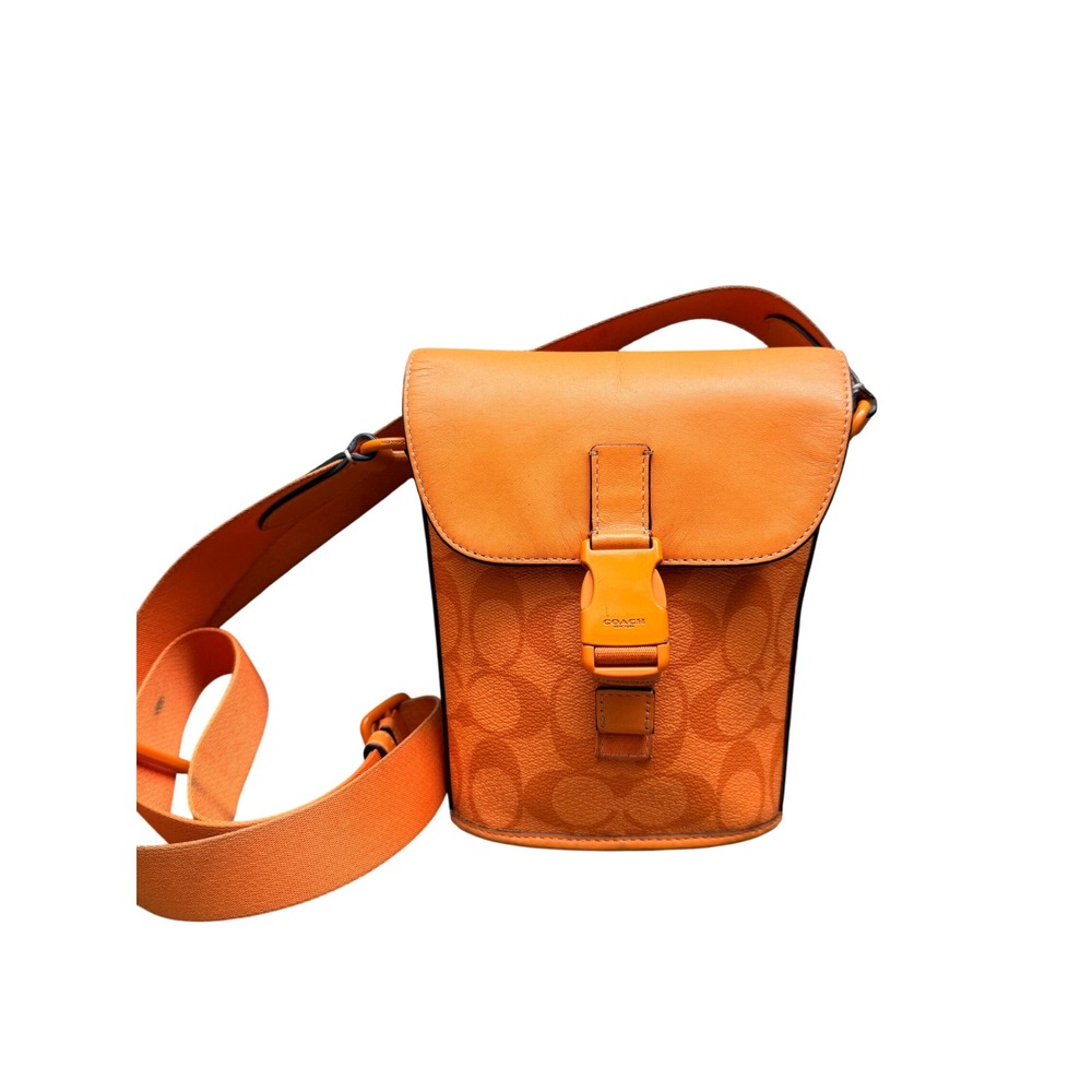 Coach League Flap Crossbody Bag Orange Signature Canvas Leather C2291